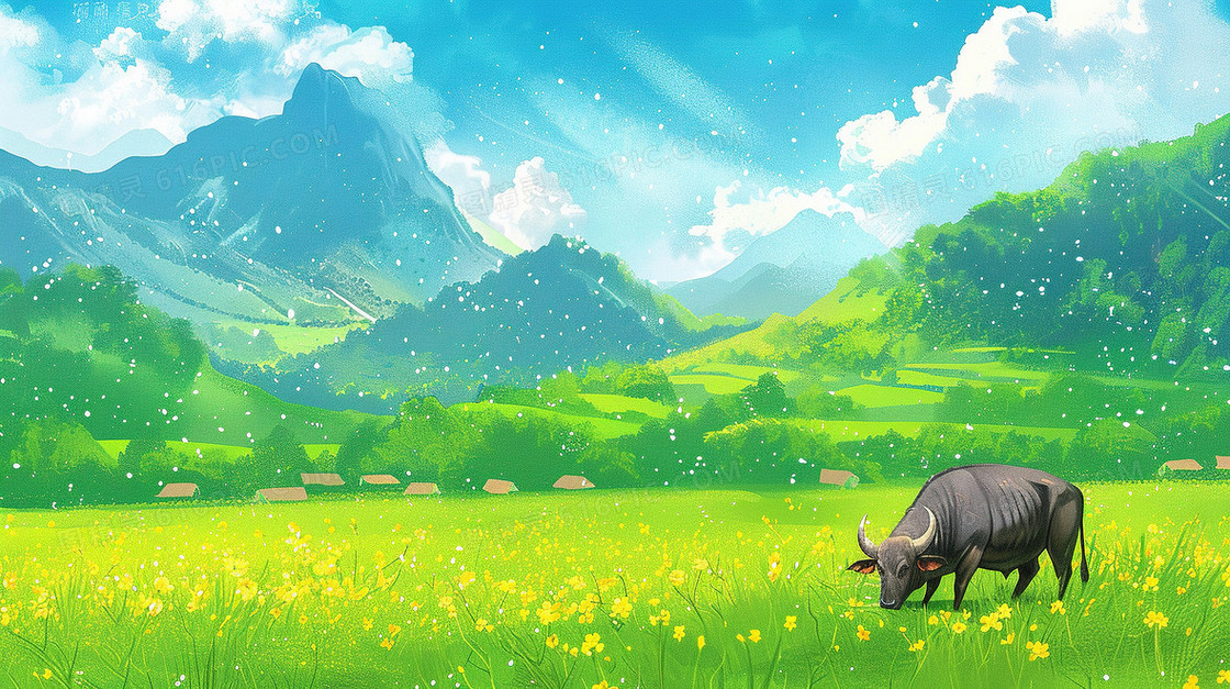 清明节草地上的牛插画