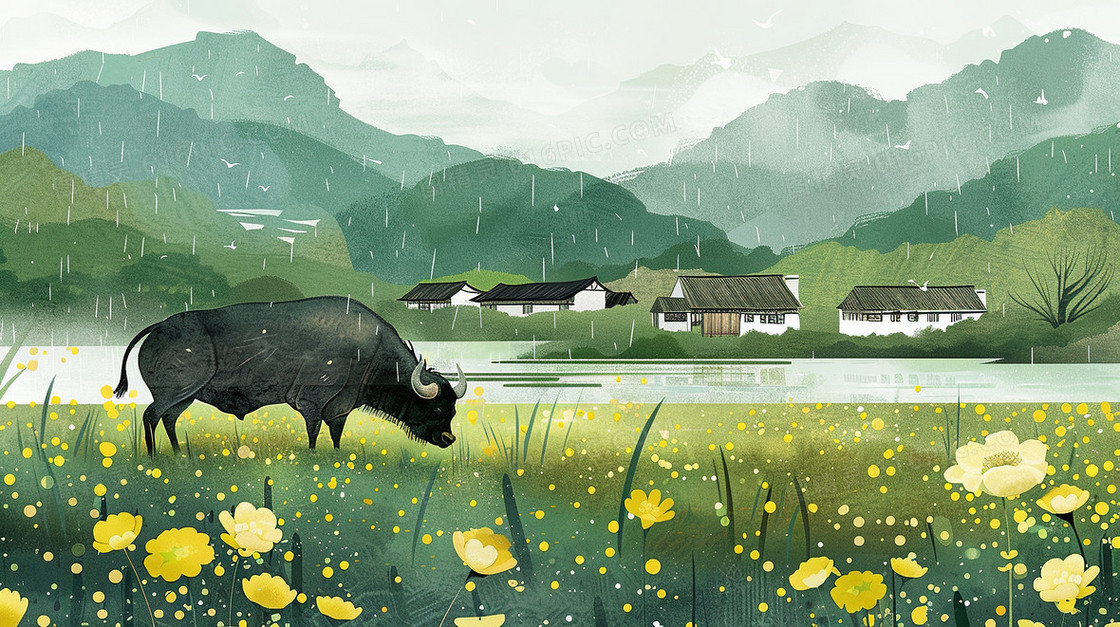 清明节草地上的牛插画