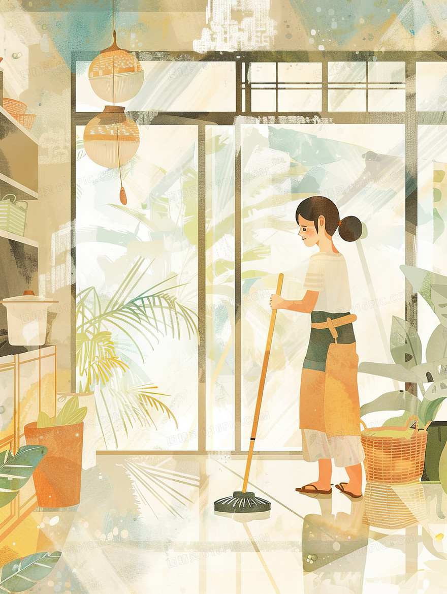 夏天在家里打扫卫生的少女插画