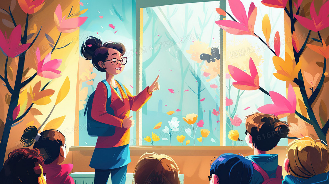 老师向学生介绍窗外的植物插画