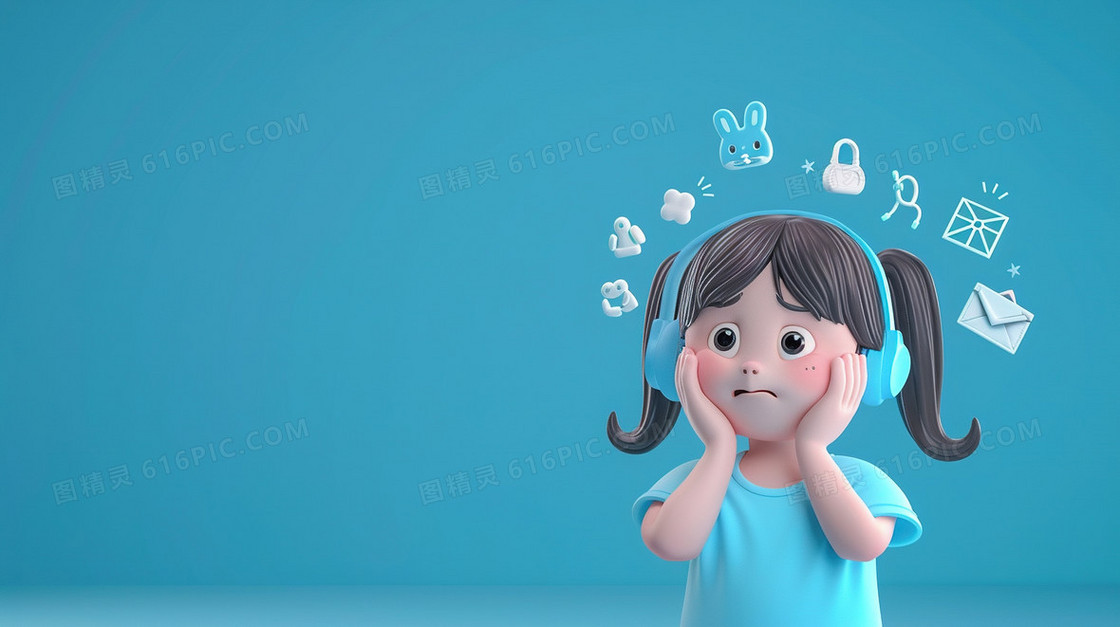 蓝色爱耳日戴耳机听音乐的女孩