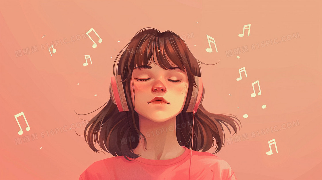 爱耳日戴耳机听音乐的女孩