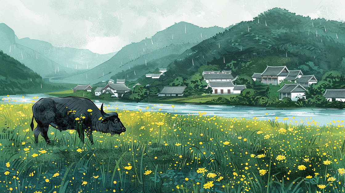 清明节草地上的牛插画