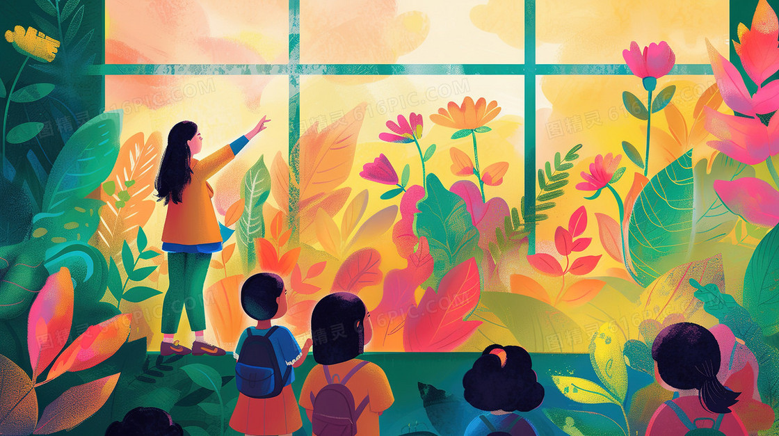 老师向学生介绍窗外的植物插画