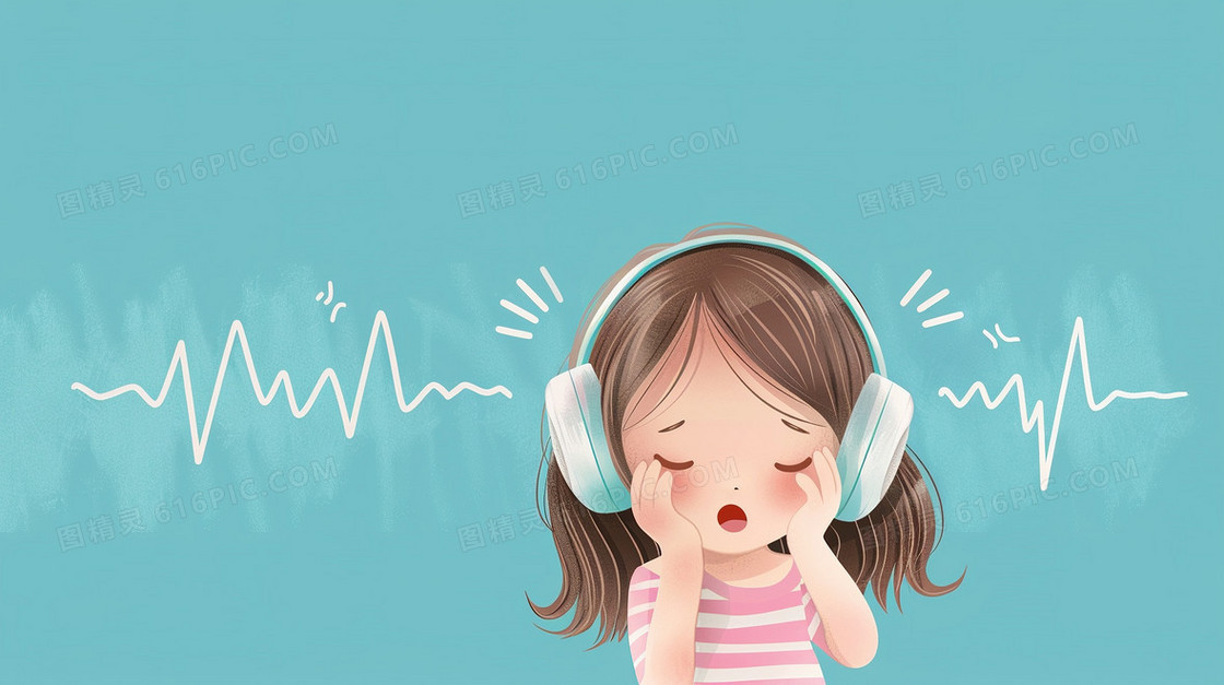 蓝色爱耳日戴耳机听音乐的女孩