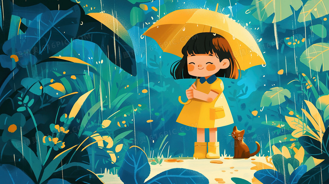 森林中撑着雨伞的小女孩插画