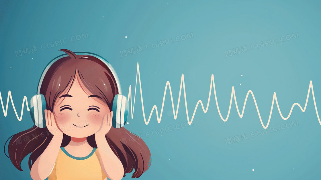 蓝色爱耳日戴耳机听音乐的女孩