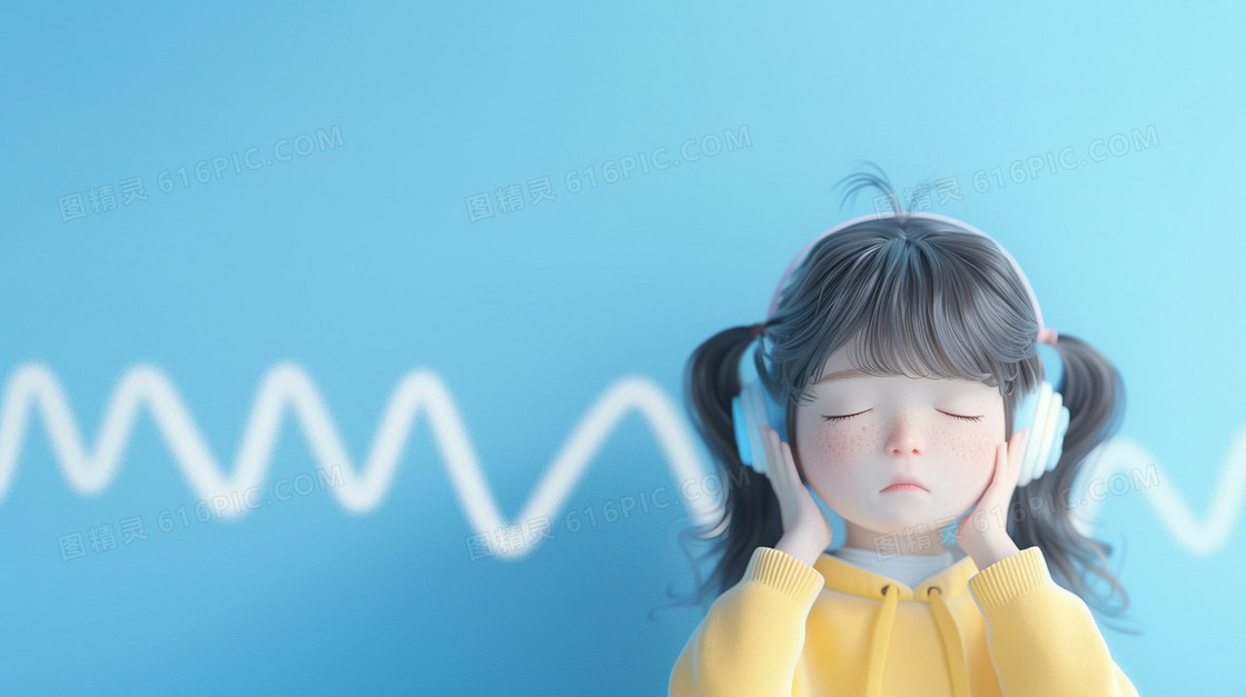 蓝色爱耳日戴耳机听音乐的女孩