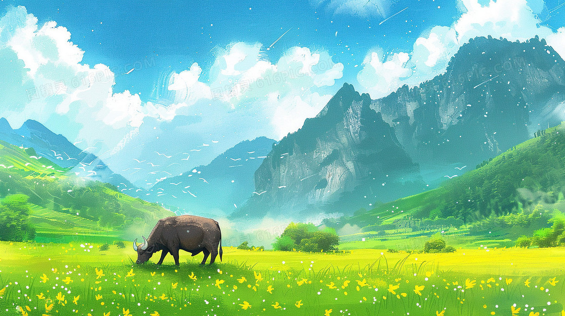 清明节草地上的牛插画