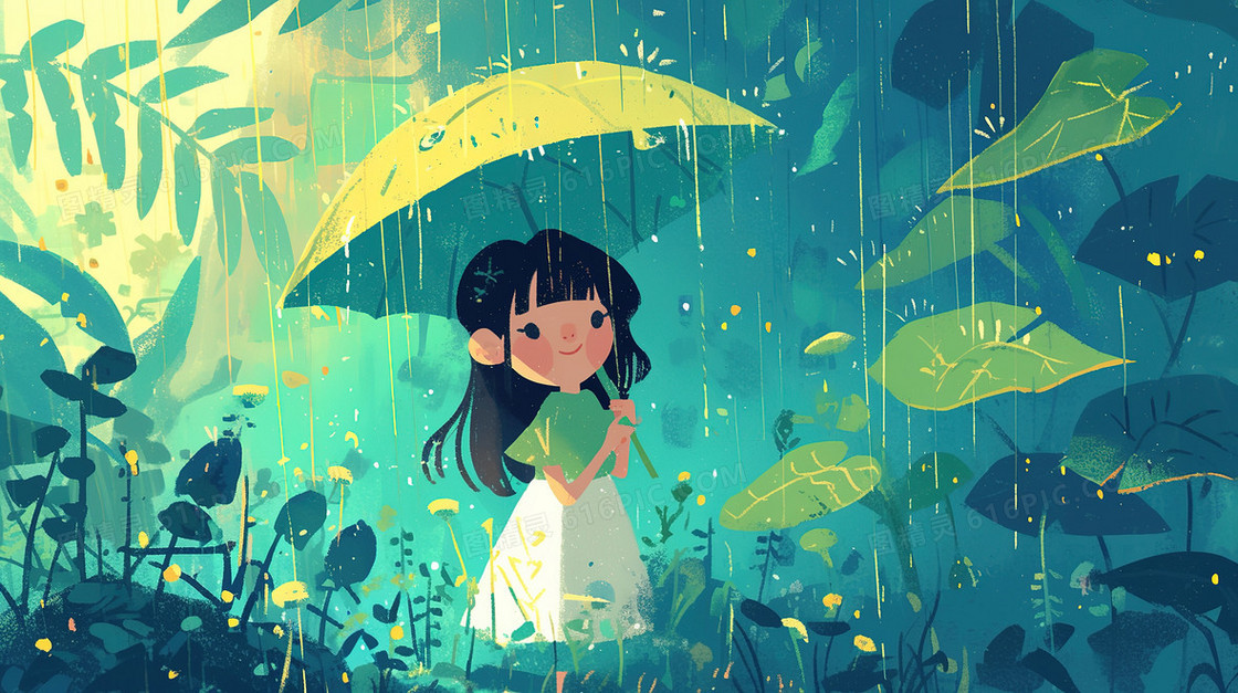 森林中撑着雨伞的小女孩插画