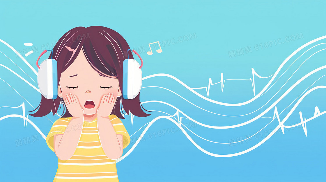 蓝色爱耳日戴耳机听音乐的女孩