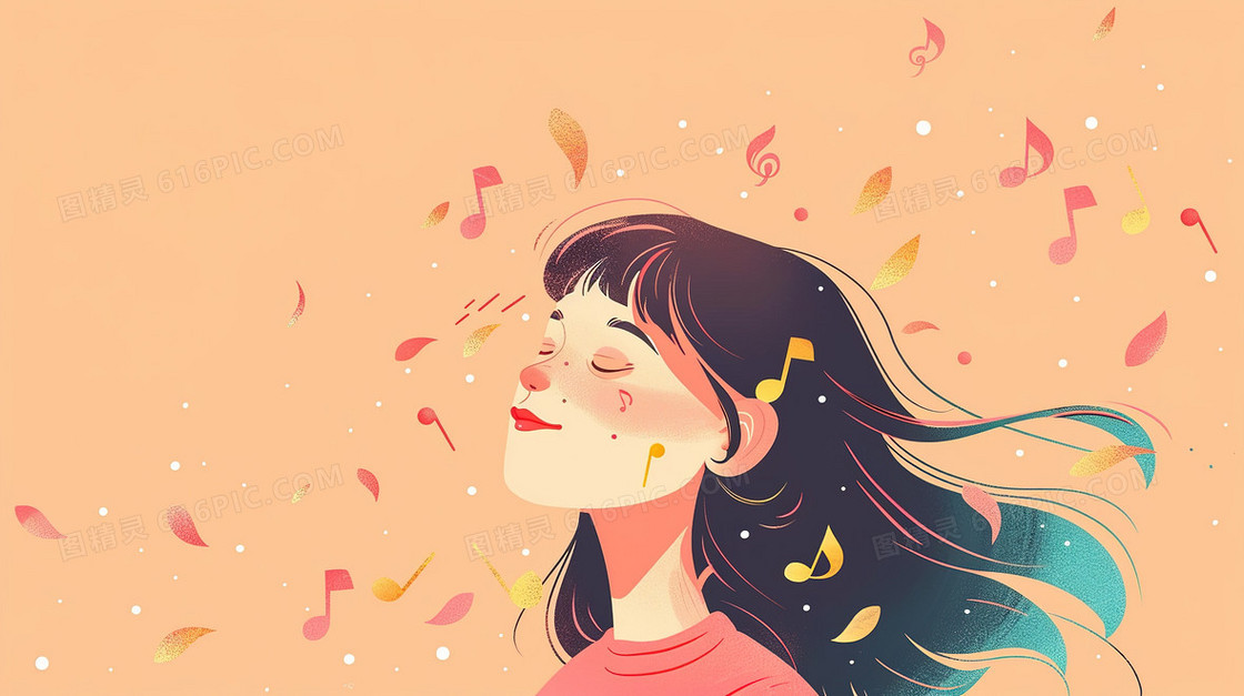 爱耳日戴耳机听音乐的女孩