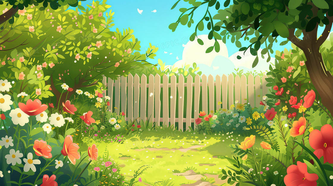 春天木围栏花园插画