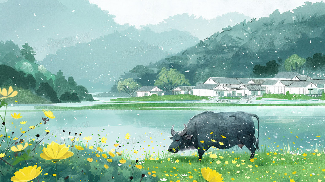 清明节草地上的牛插画