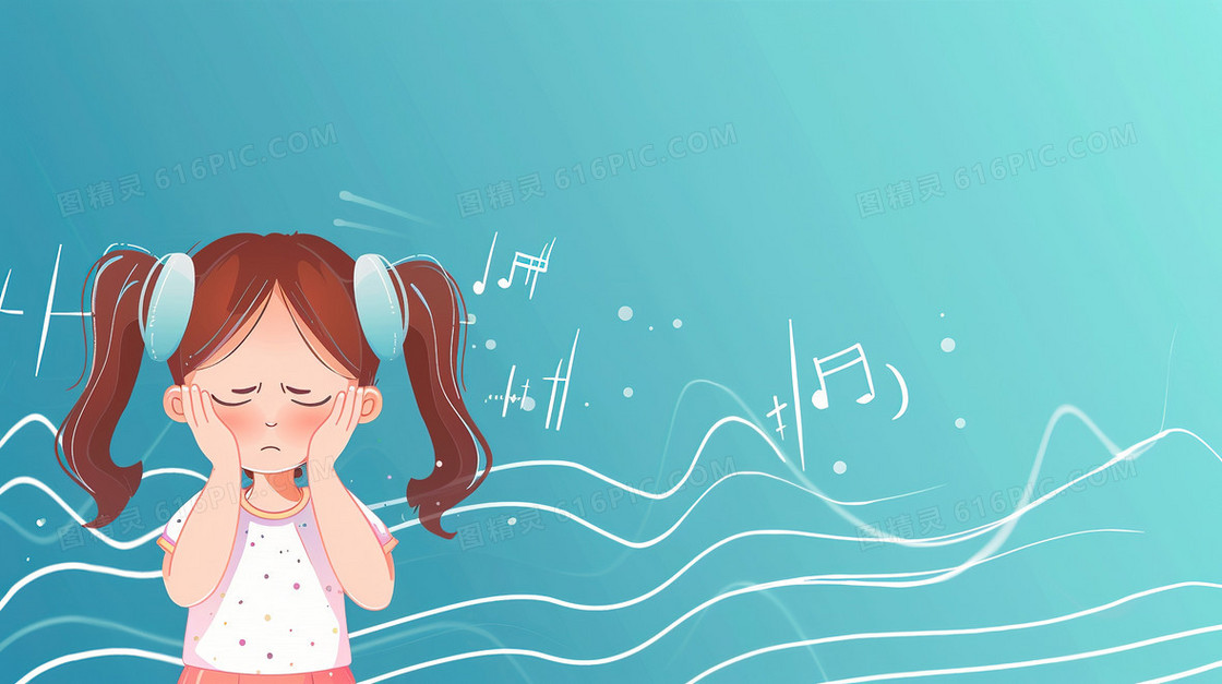 蓝色爱耳日戴耳机听音乐的女孩