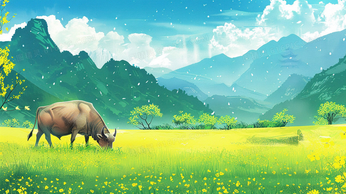 清明节草地上的牛插画
