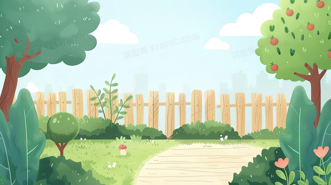 春天木围栏花园插画