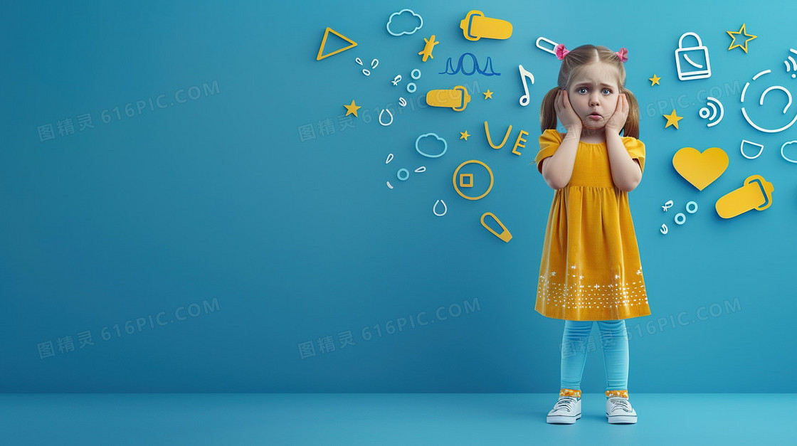 蓝色爱耳日戴耳机听音乐的女孩