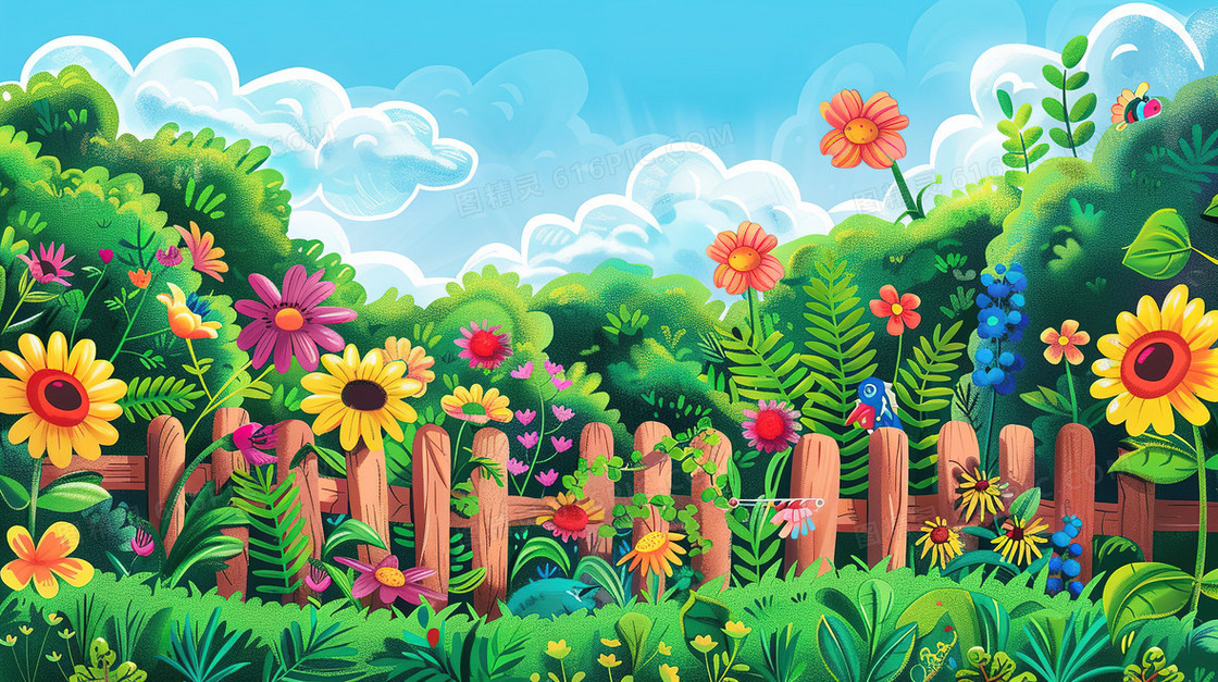 春天木围栏花园插画