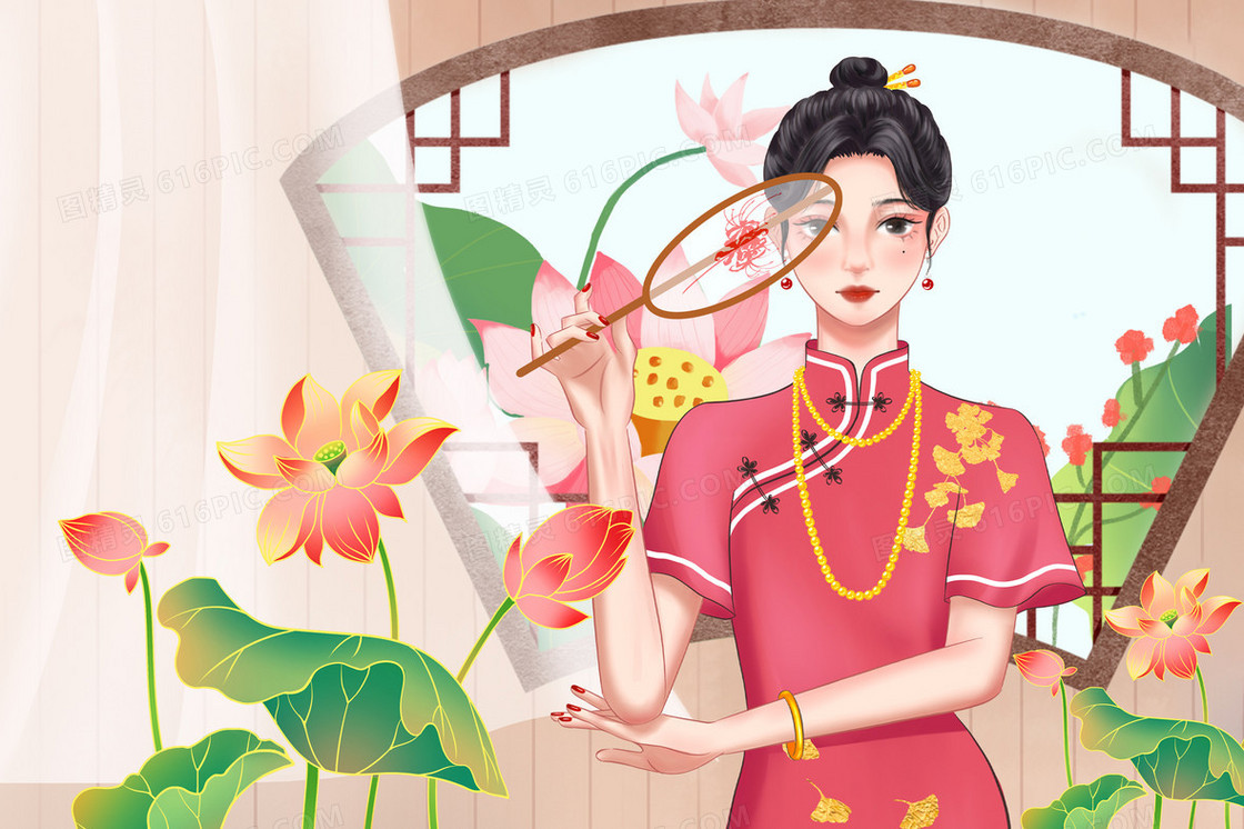 粉色美人在窗边观赏荷花旗袍系列插画