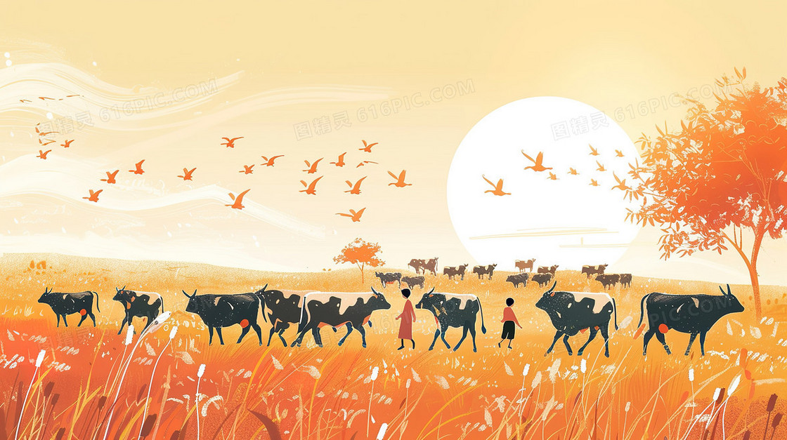 秋天山野草原上牧牛的牧童插画