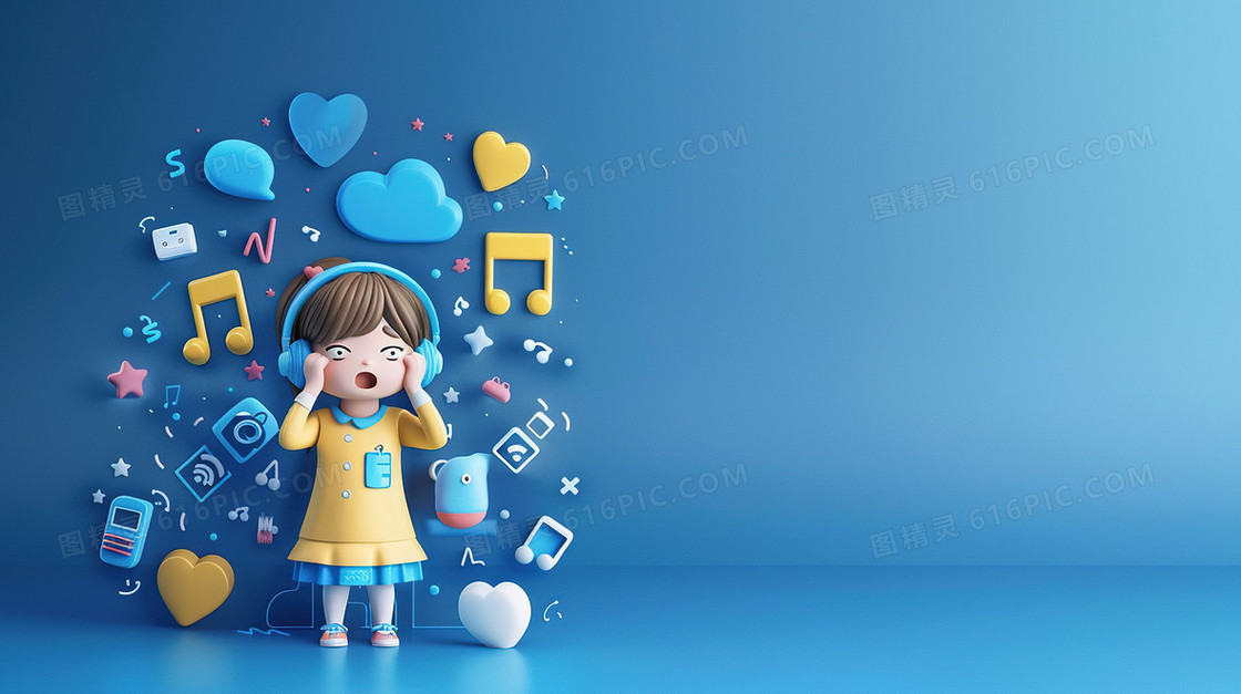 蓝色爱耳日戴耳机听音乐的女孩