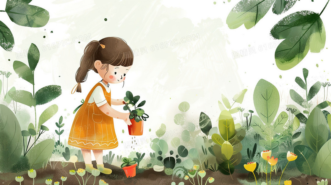 花园里干园艺的小女孩插画