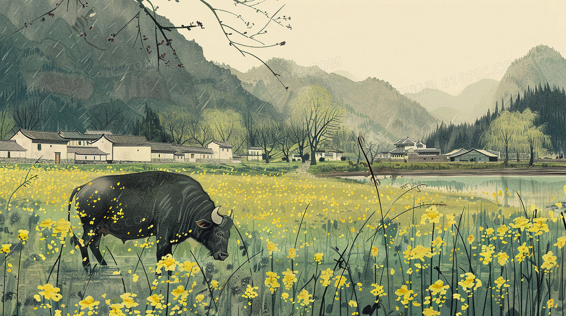 清明节草地上的牛插画