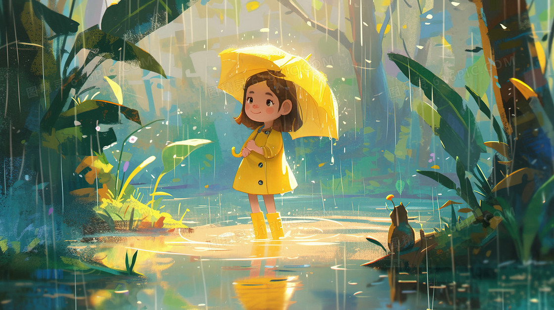 森林中撑着雨伞的小女孩插画