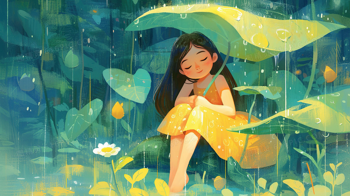 森林中撑着大叶子的小女孩插画