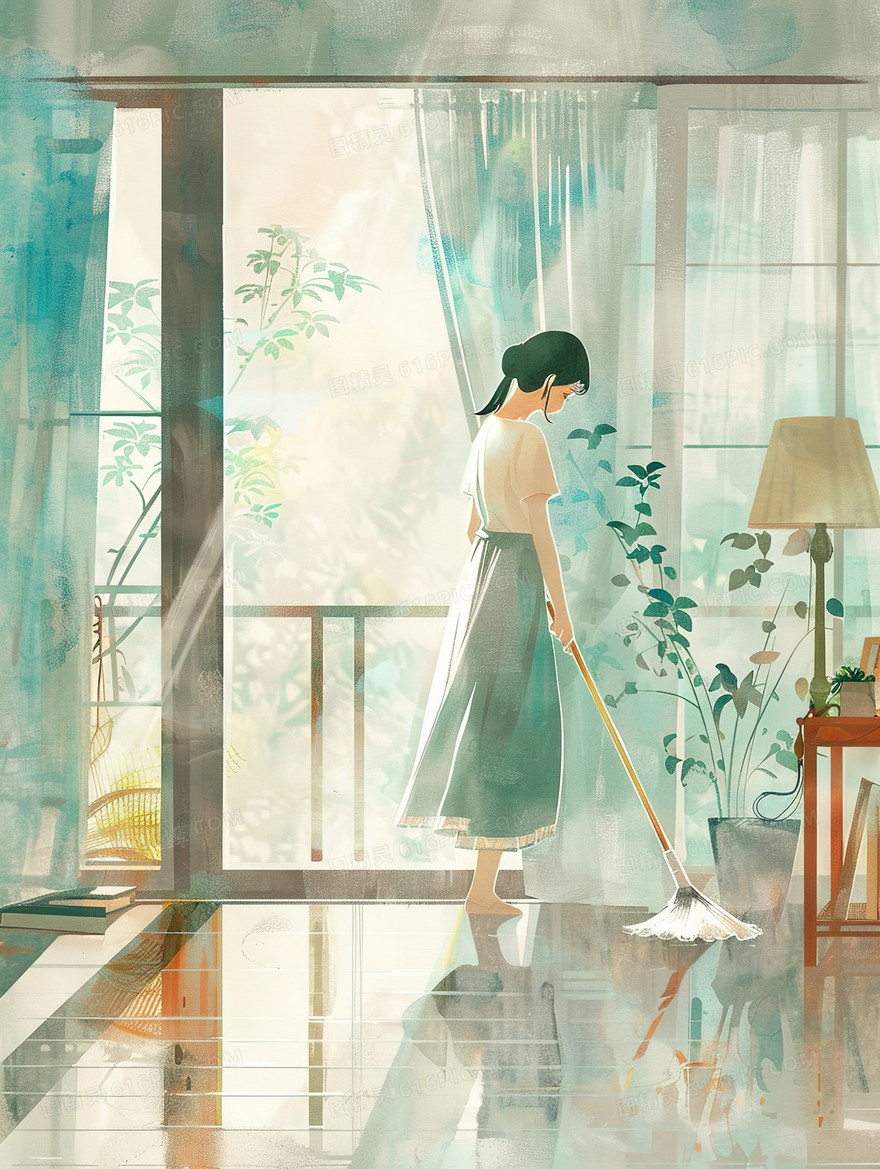 夏天在家里打扫卫生的少女插画