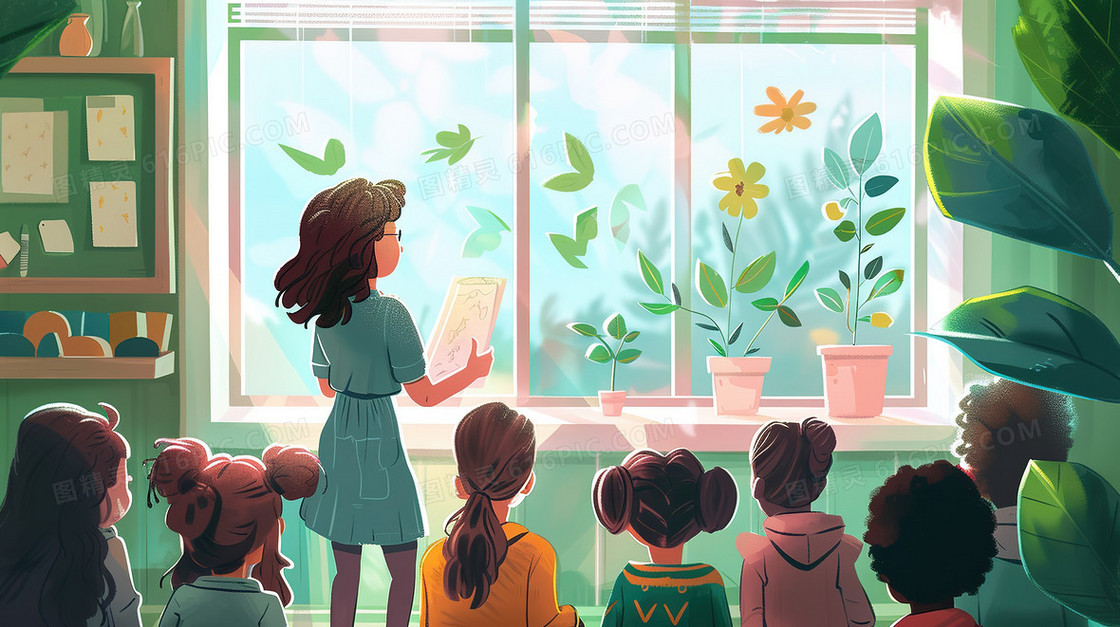 老师向学生介绍窗外的植物插画