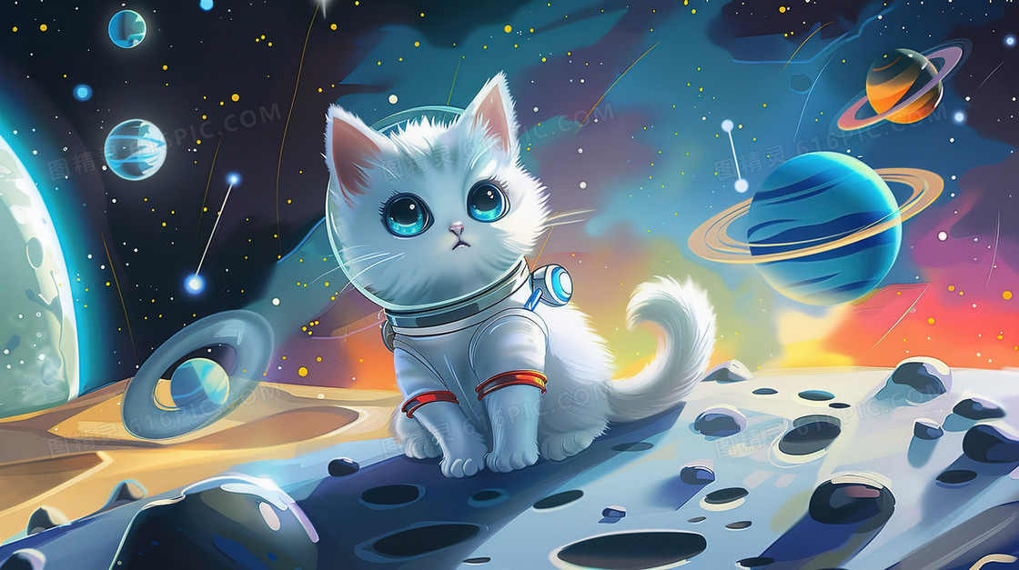 月球上的穿着宇航服的猫咪插画