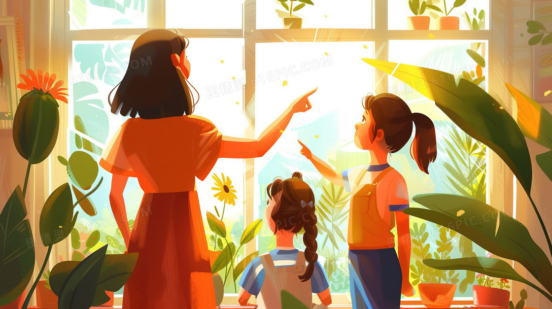 老师向学生介绍窗外的植物插画