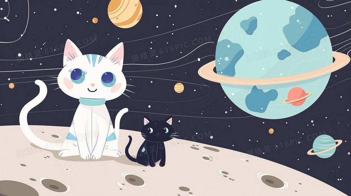 月球上的穿着宇航服的猫咪插画