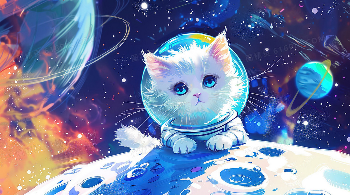月球上的穿着宇航服的猫咪插画
