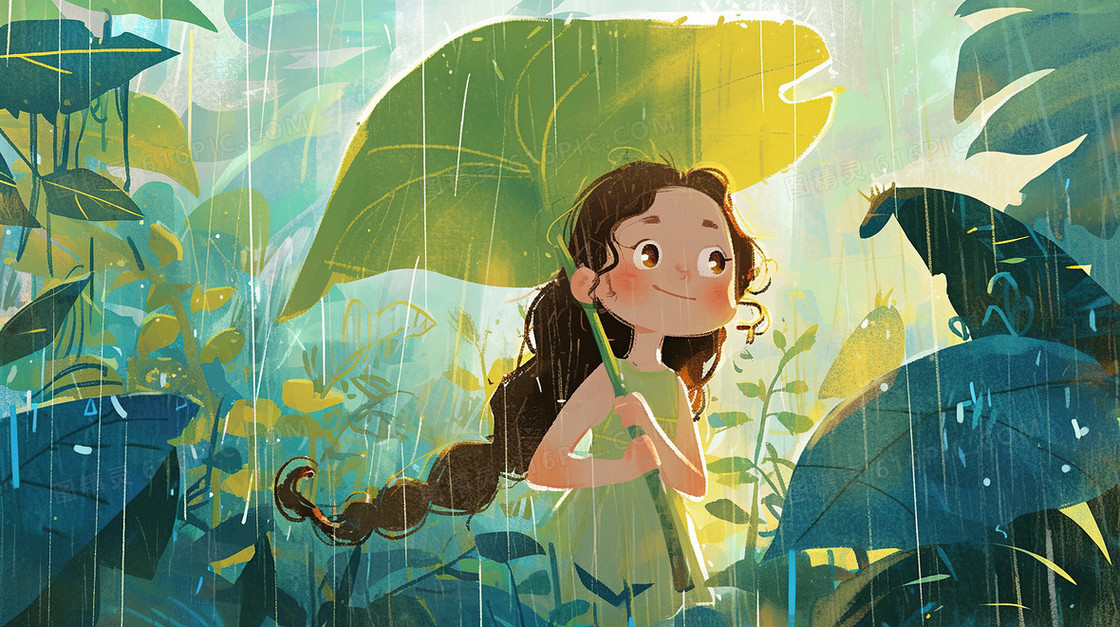 森林中撑着大叶子的小女孩插画