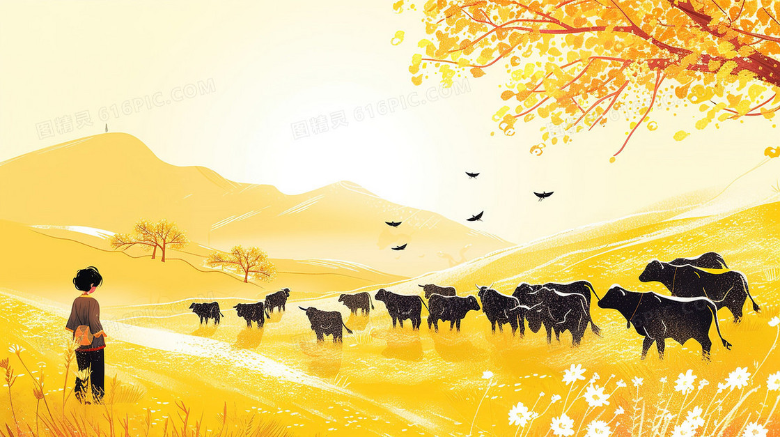 秋天山野草原上牧牛的牧童插画