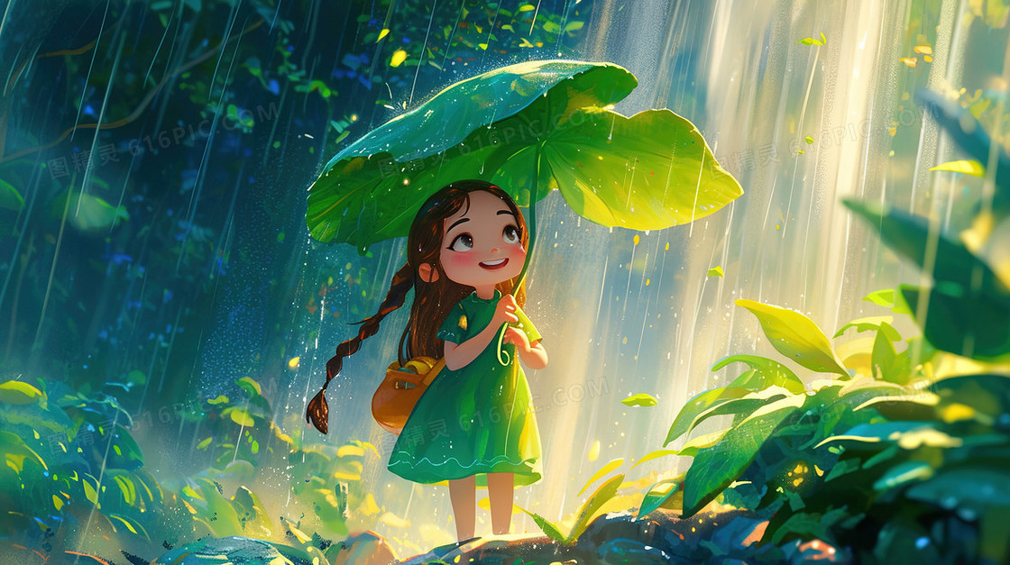 森林中撑着大叶子的小女孩插画