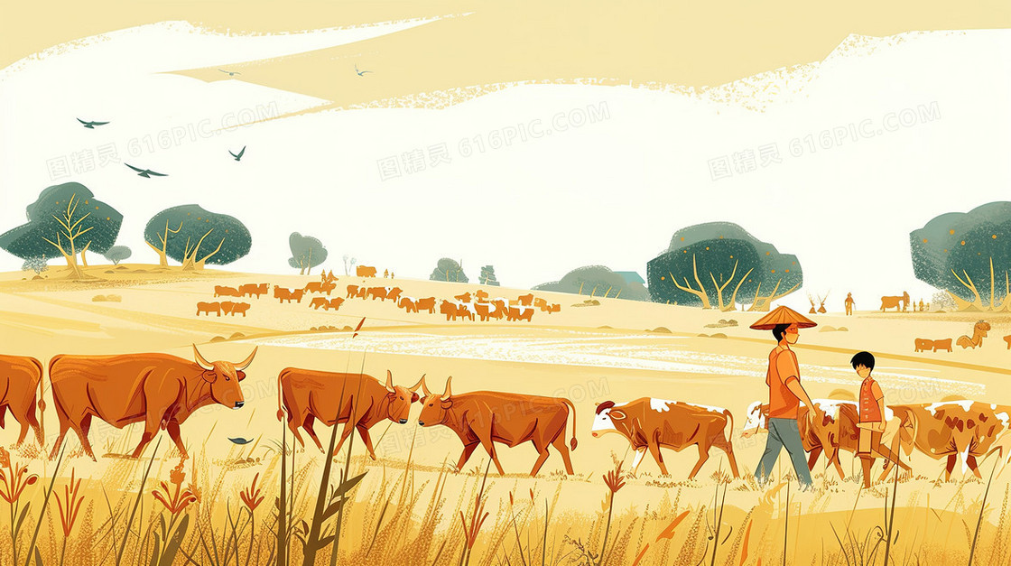 秋天山野草原上牧牛的牧童插画