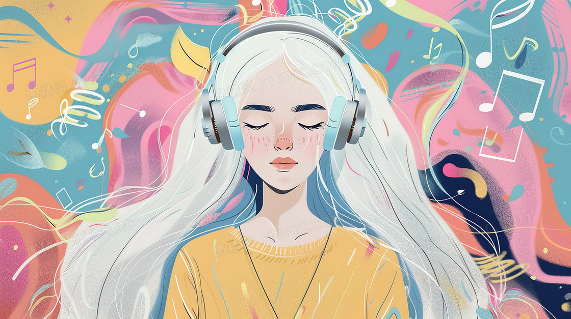 戴着耳机的白发少女插画