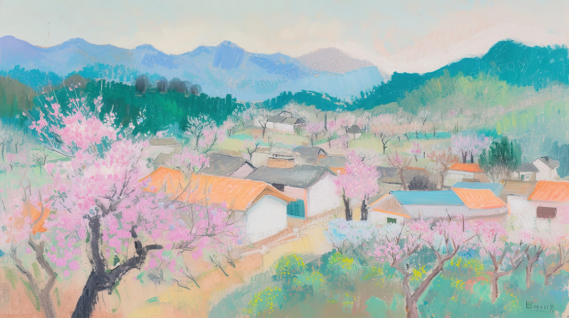 春天樱花盛开的村庄插画