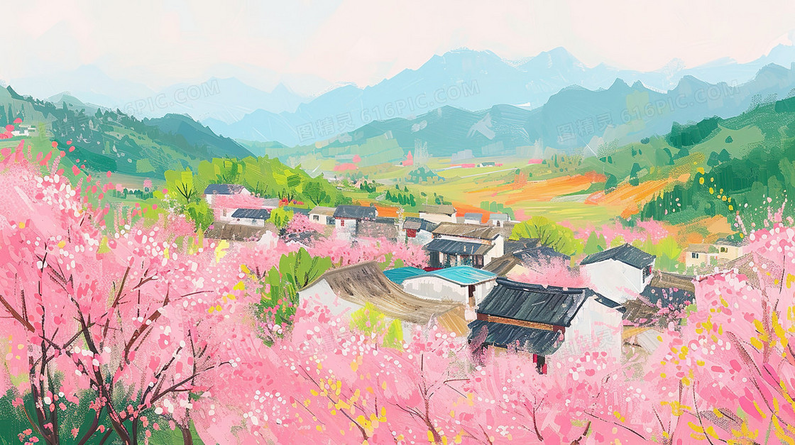 春天樱花盛开的村庄插画