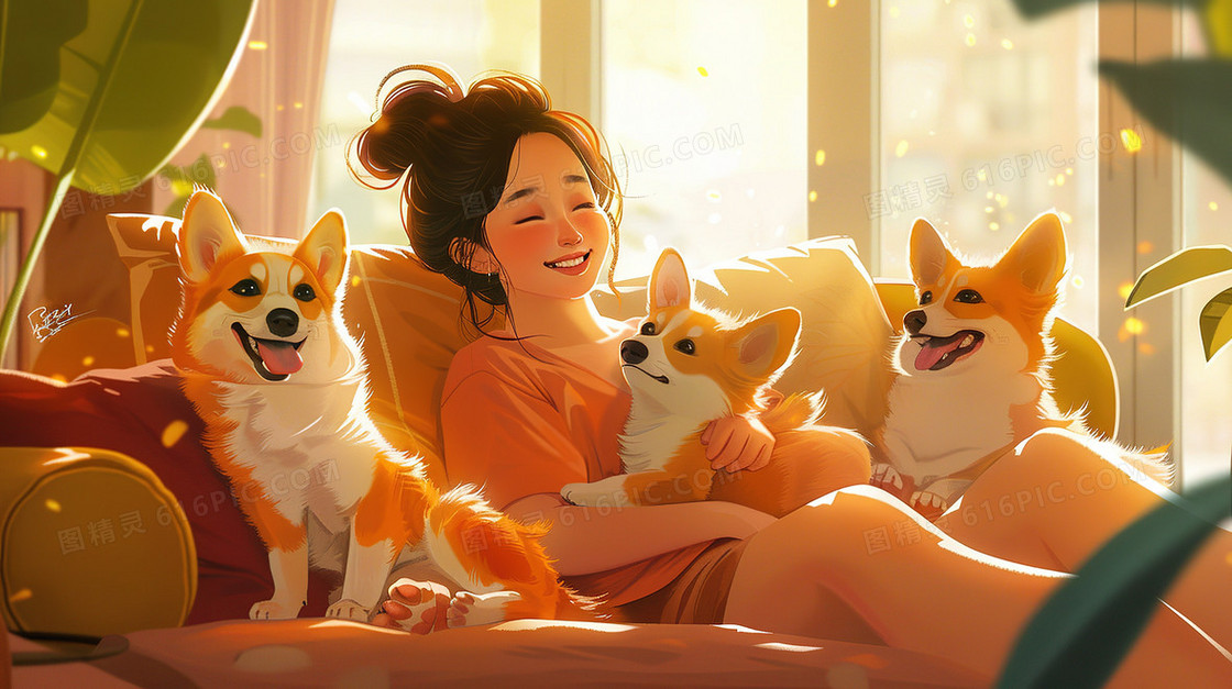 沙发上的女士和柯基犬插画