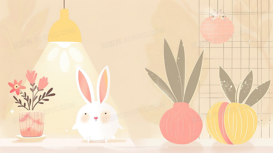 小白兔和植物盆栽愚人节装饰插画