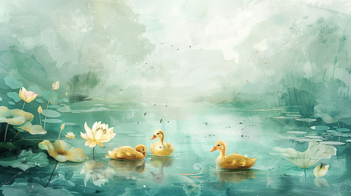 春季水塘上的鸭群插画