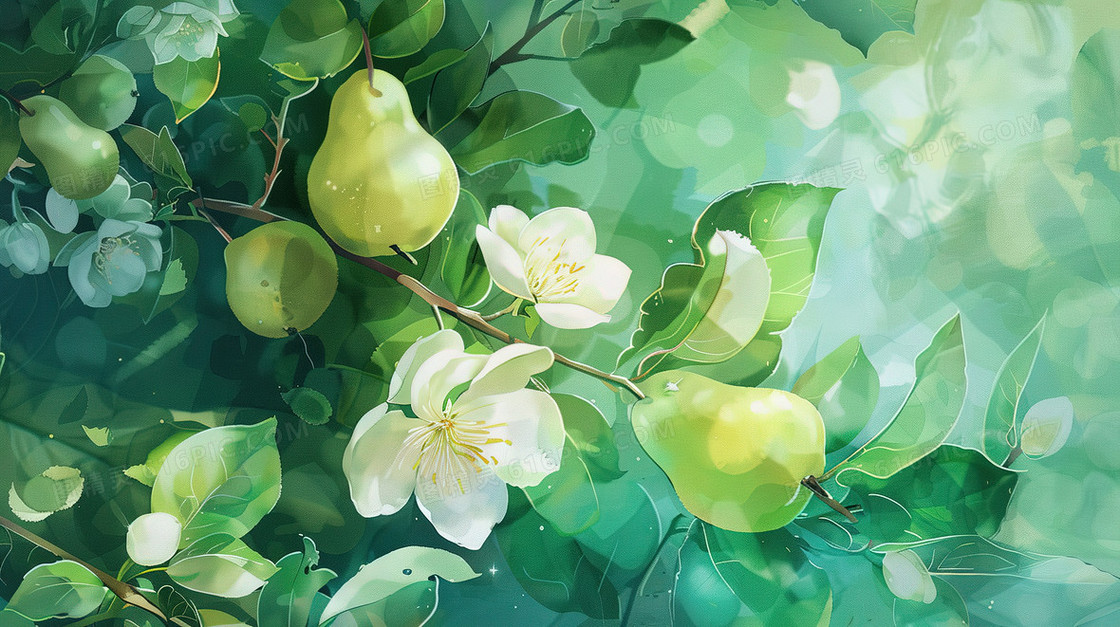 成熟的梨子和白色的梨花插画