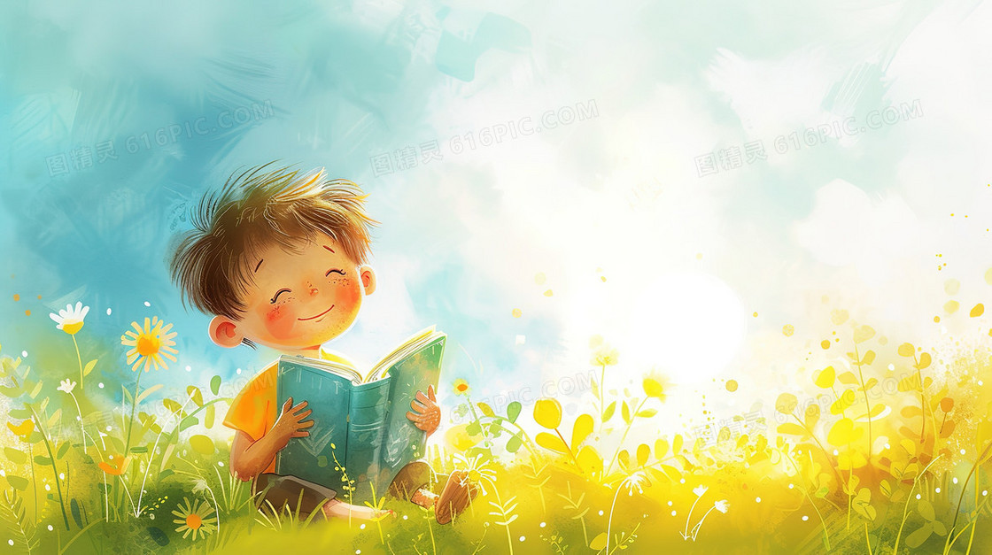 坐在鲜花丛中阅读的小孩插画