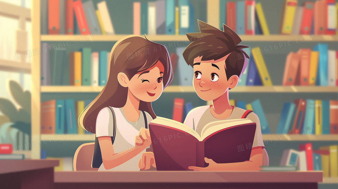 图书馆里一起阅读的男生女生插画