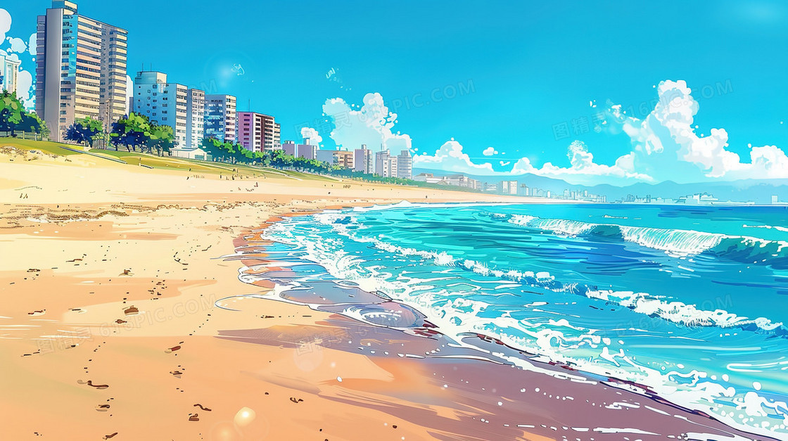 沿海城市的海浪拍打着海滩插画